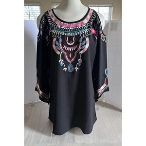 Scully Western Embroidered Longhorn Cold Shoulder Blouse Womens S Cowgirl Boho